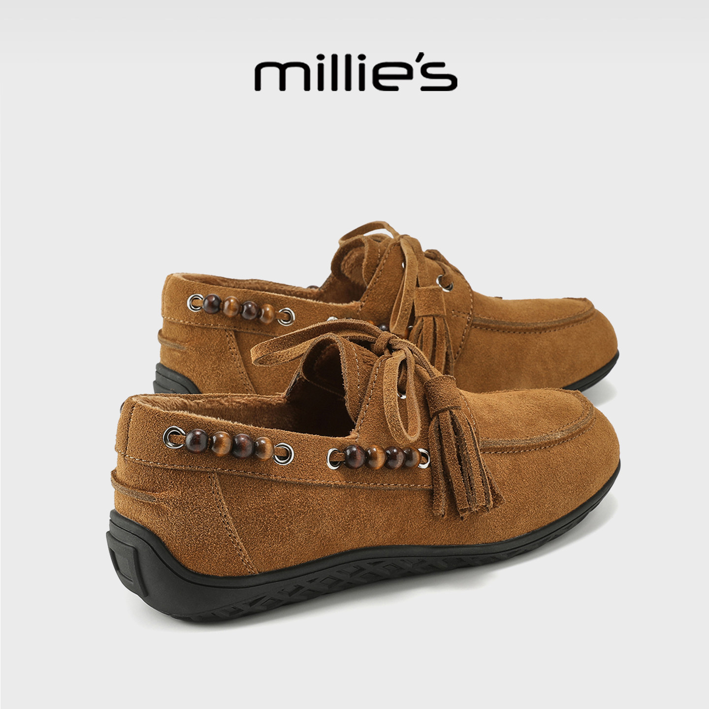 MILLIE'S/妙丽女鞋2025冬季新款时尚百搭加绒乐福鞋英伦风豆豆鞋,女鞋,乐福鞋（豆豆鞋）,淘宝优惠券,粉丝福利购,淘宝优惠卷