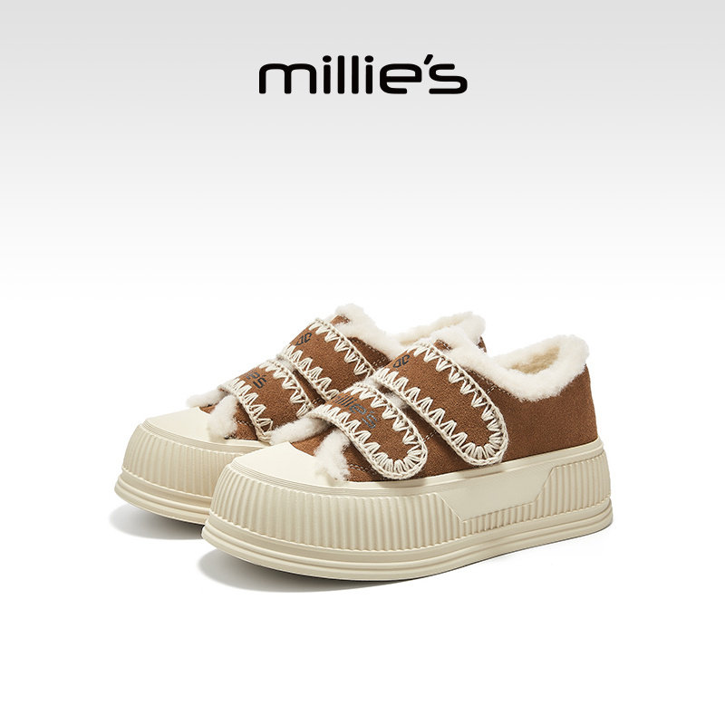 millies妙丽加绒板鞋女冬季新款厚底饼干鞋魔术贴松糕棉鞋配裙子