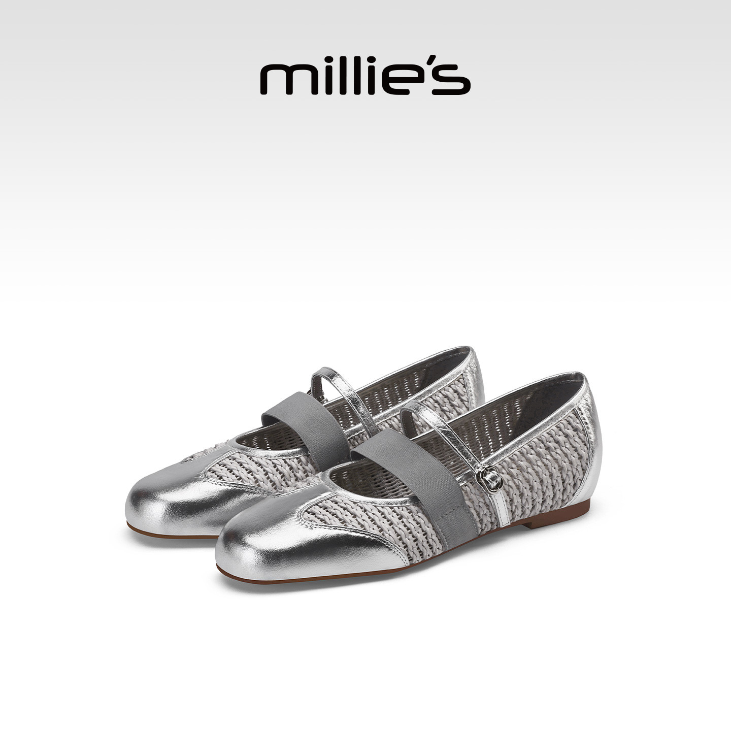 MILLIE'S/妙丽银色玛丽珍鞋女2026春季平底一字扣带百搭通勤单鞋,女鞋,浅口单鞋,淘宝优惠券,粉丝福利购,淘宝优惠卷
