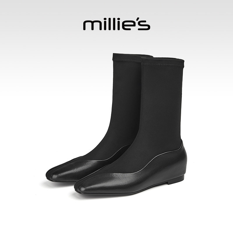 MILLIE'S/妙丽瘦瘦靴女款2025秋冬黑色弹力靴配裙子袜靴短筒靴子