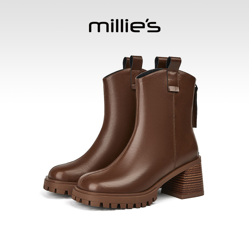 millies妙丽高跟后拉链马丁靴女冬季新款加绒时装短靴粗跟配裙子