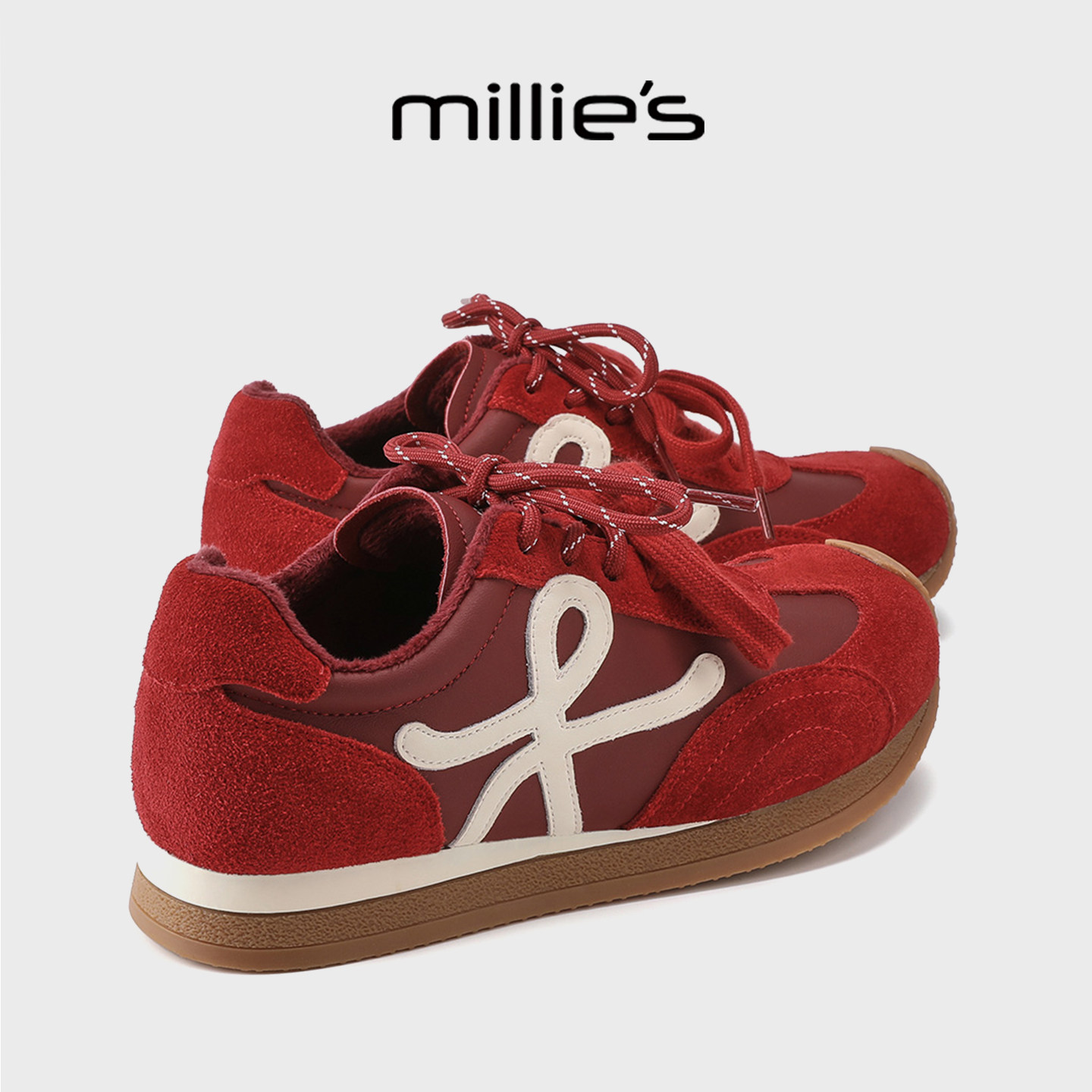 MILLIE'S/妙丽条纹德训鞋加绒女鞋2025冬季新款系带百搭休闲鞋子,女鞋,棉鞋,淘宝优惠券,粉丝福利购,淘宝优惠卷