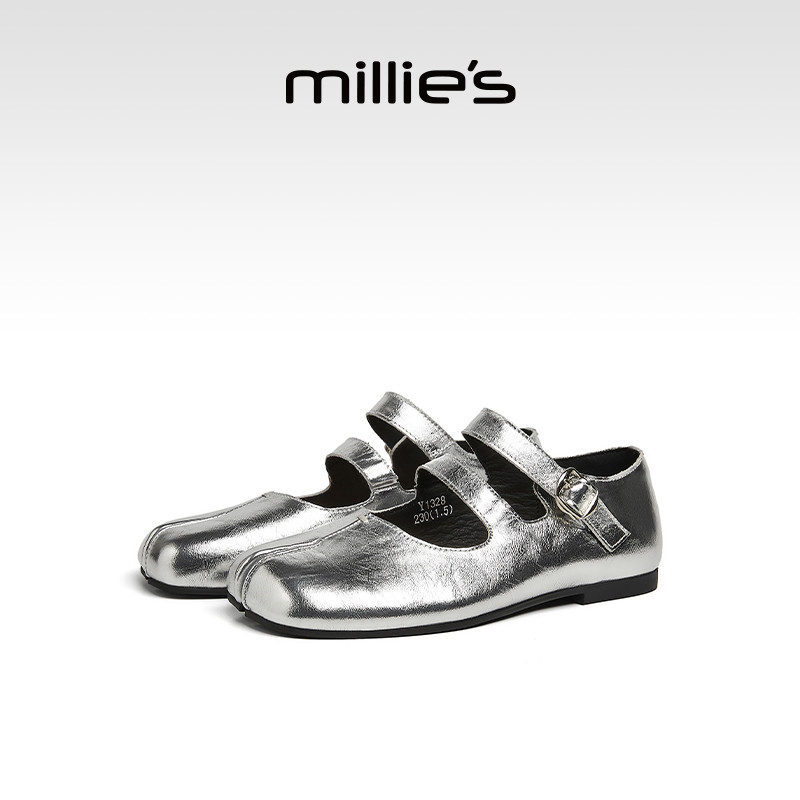 millies妙丽软底银色单鞋女2025夏季分趾马蹄鞋真皮玛丽珍平底鞋