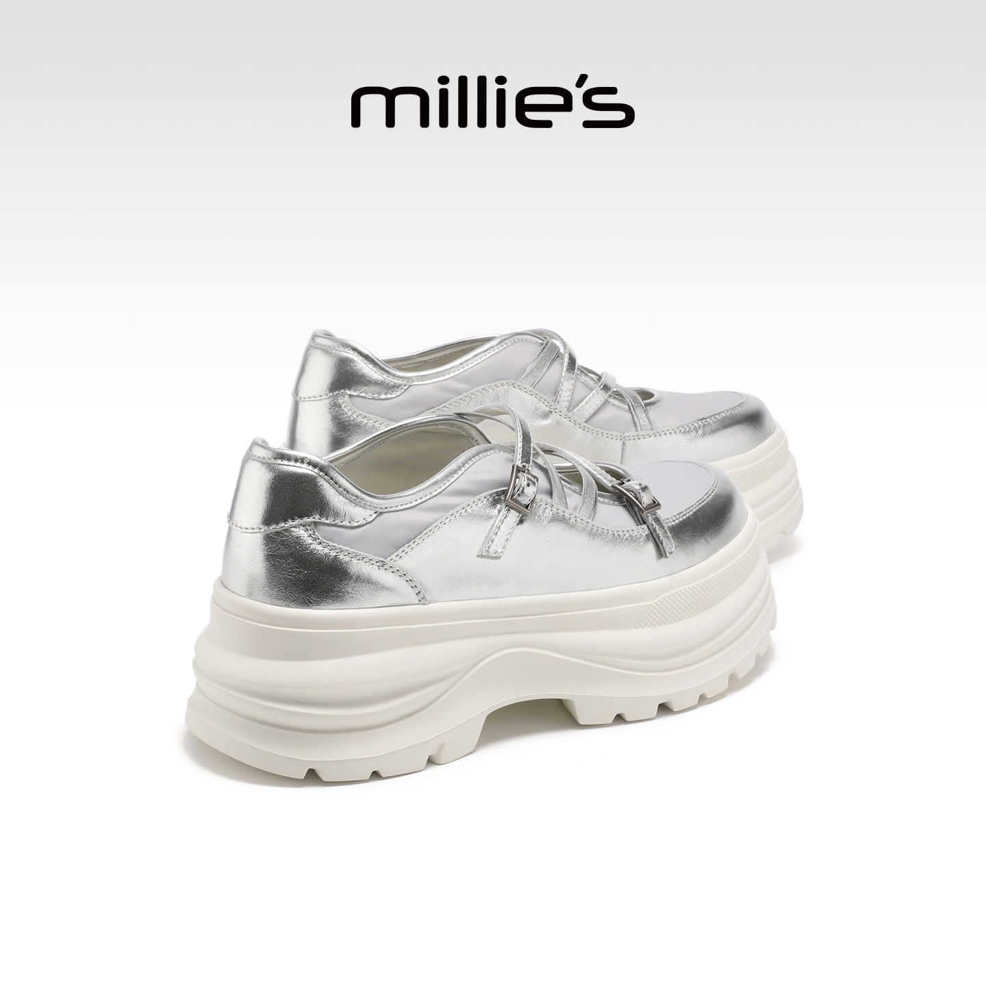 MILLIE'S/妙丽银色厚底复古老爹鞋女款增高时尚单鞋2026春夏新款
