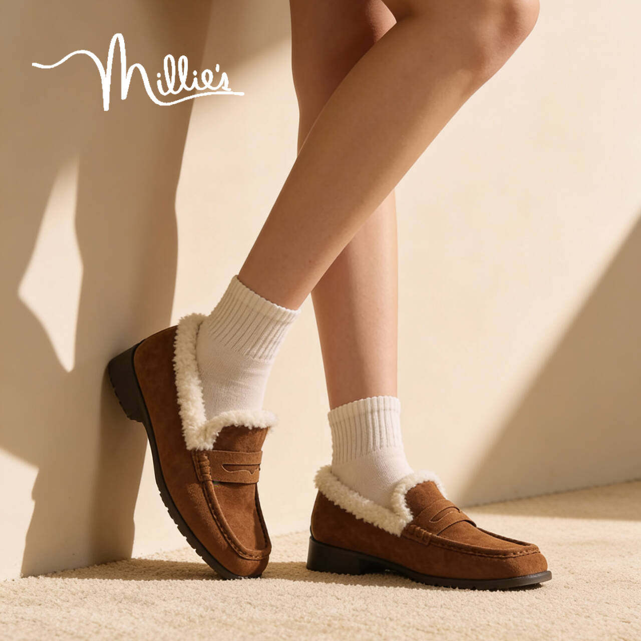 MILLIE'S/妙丽反绒皮加绒乐福鞋女款冬季保暖一脚蹬懒人鞋豆豆鞋,女鞋,乐福鞋（豆豆鞋）,淘宝优惠券,粉丝福利购,淘宝优惠卷
