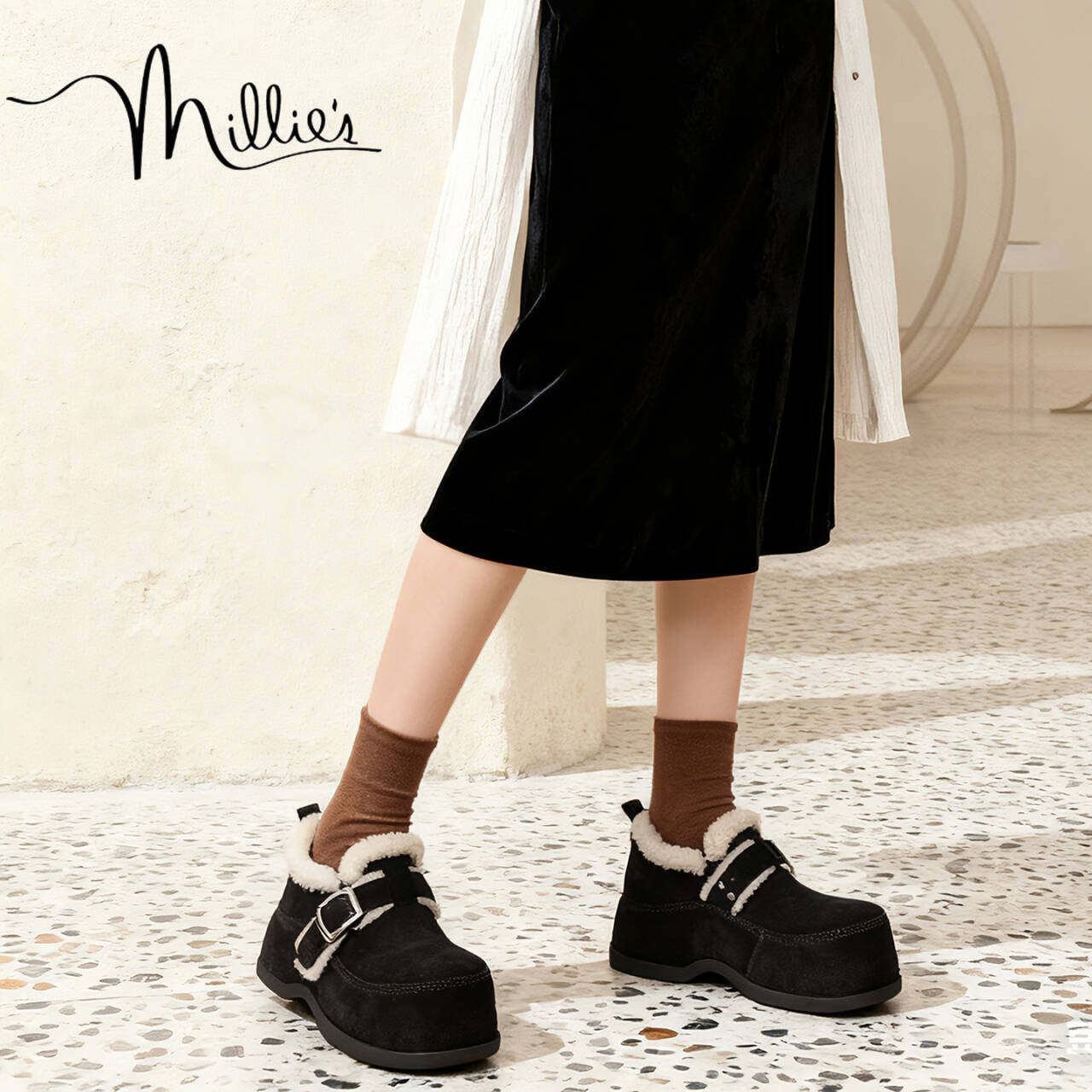 MILLIE'S/妙丽冬季女士加绒勃肯鞋厚底保暖毛毛棉鞋黑色休闲鞋