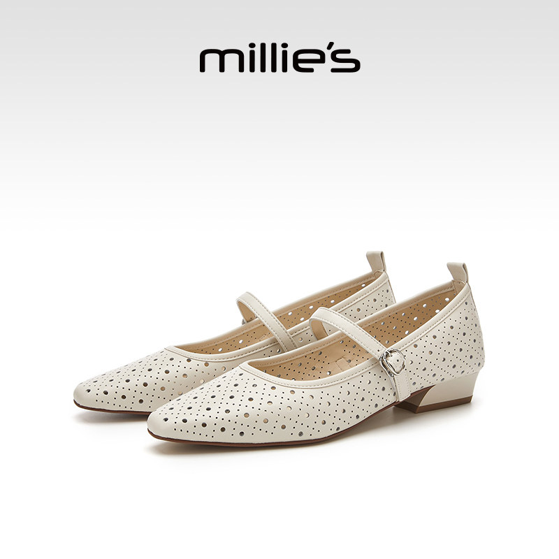 millies妙丽女鞋真皮镂空透气浅口单鞋2025夏季新款复古玛丽珍鞋