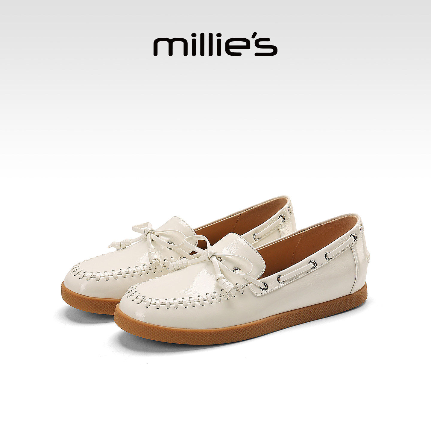 MILLIE'S/妙丽米白色真皮乐福鞋女款平底系带豆豆鞋2026春夏新款