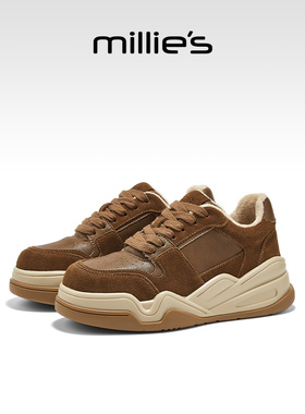 millies妙丽女鞋加绒冬季新款厚底德训鞋真皮百搭板鞋复古休闲鞋