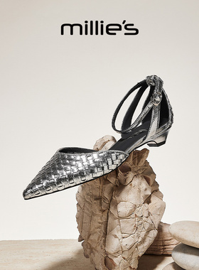 millies妙丽尖头凉鞋女夏外穿精致配裙子中跟包头单鞋羊皮编织