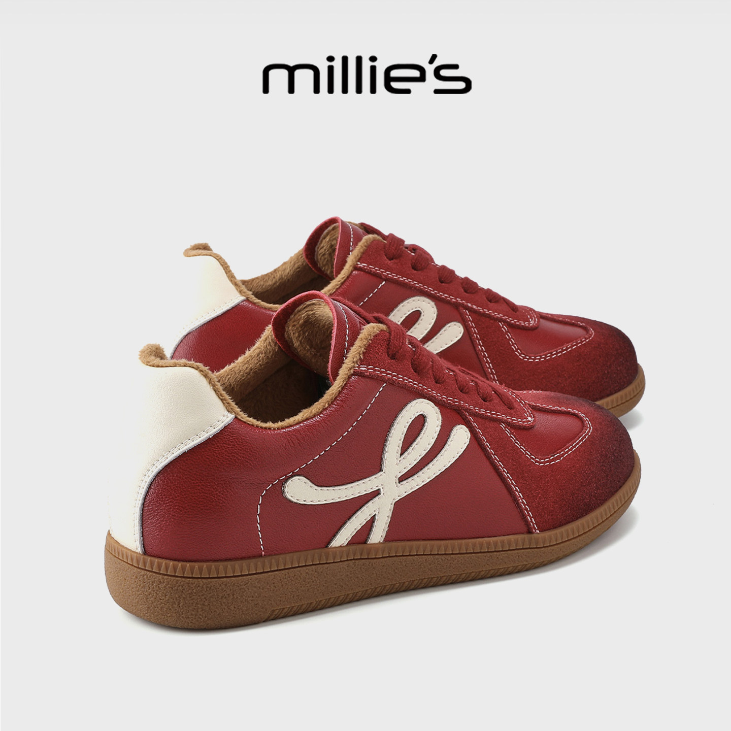 MILLIE'S/妙丽女鞋2025秋冬新款保暖通勤鞋爆款复古红加绒德训鞋,女鞋,时尚休闲鞋,淘宝优惠券,粉丝福利购,淘宝优惠卷