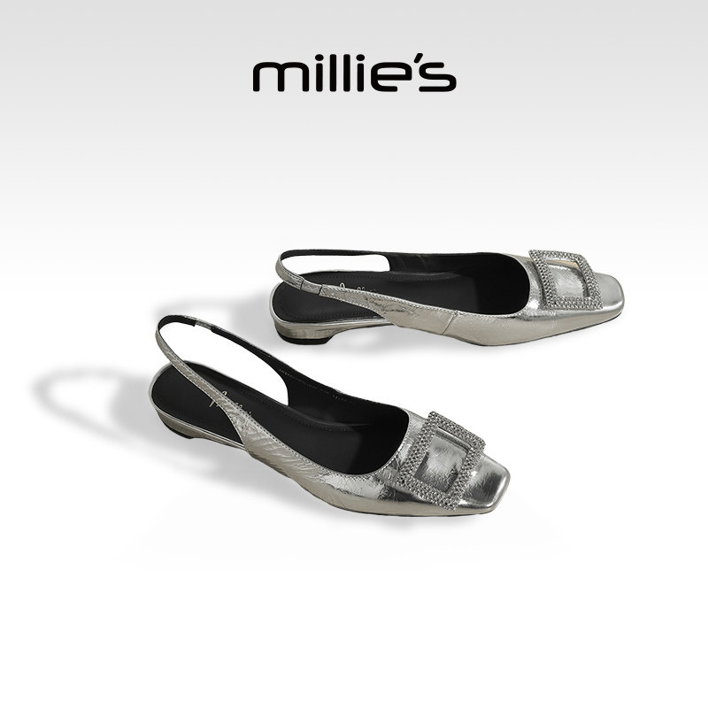 MILLIE'S/妙丽水钻包头凉鞋女款夏新款方扣单鞋女低跟黑色高跟鞋