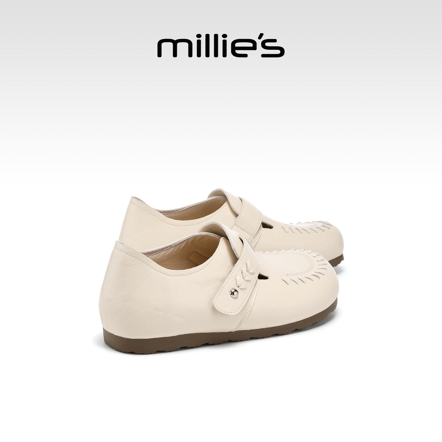 MILLIE'S/妙丽全包勃肯鞋女款米白色魔术贴一脚蹬百搭舒适软底鞋