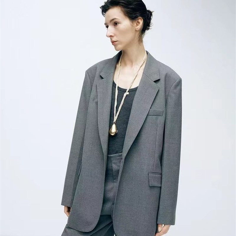 现货ed西装外套2024春新款羊毛精纺灰色女绅士西服