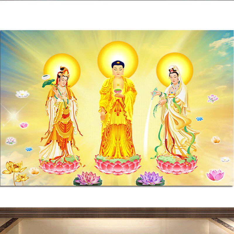 速发西方三圣结缘居家供奉神台佛像画庭院禅室背景墙壁画自粘