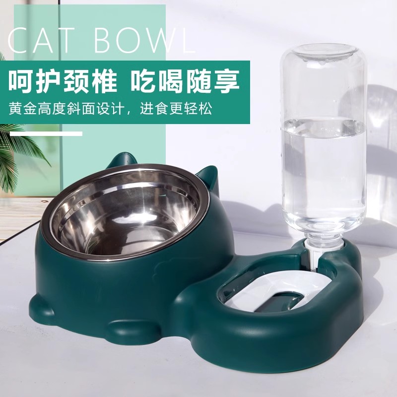 速发猫碗狗碗自动饮水双碗加高倾斜护颈双碗猫食盆猫咪饭盆可爱猫