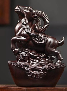 速发黑檀木雕山羊摆件装二生肖福财羊雕刻家居客厅十饰红木工艺品