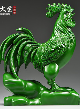 速发绿色实木雕刻鸡摆件十二生肖纯送头客厅电视品装饰工艺柜木礼