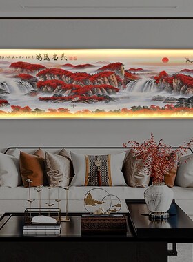 网红鸿运当头装饰画带灯新中式壁画床头发光挂画山水卧室沙发背景