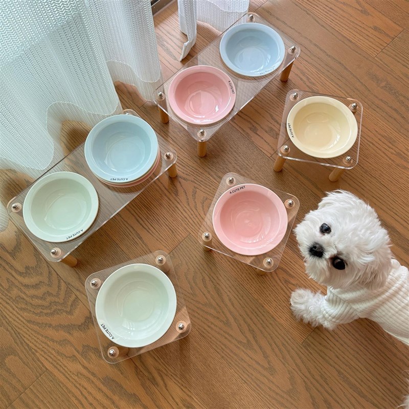 宠物飞碟碗陶瓷猫碗狗盆饭碗易清洗猫粮碗猫水碗双碗亚克力架护颈