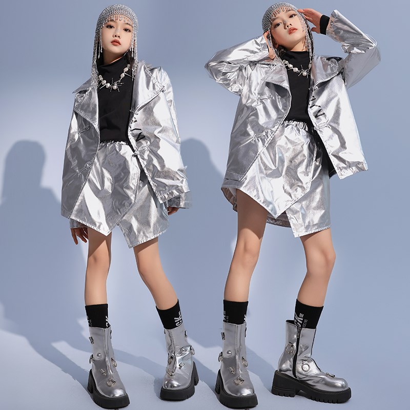 儿童街舞科技感银色皮衣架子鼓演出服少儿hiphop男女童嘻哈套装潮