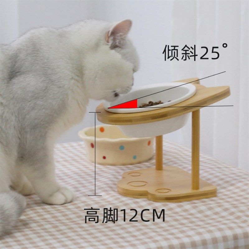 猫碗陶瓷带支架高颜值宠物碗竹木托架波点碗猫咪狗碗护颈增高餐桌,宠物/宠物食品及用品,猫狗碗/慢食碗,淘宝优惠券,粉丝福利购,淘宝优惠卷
