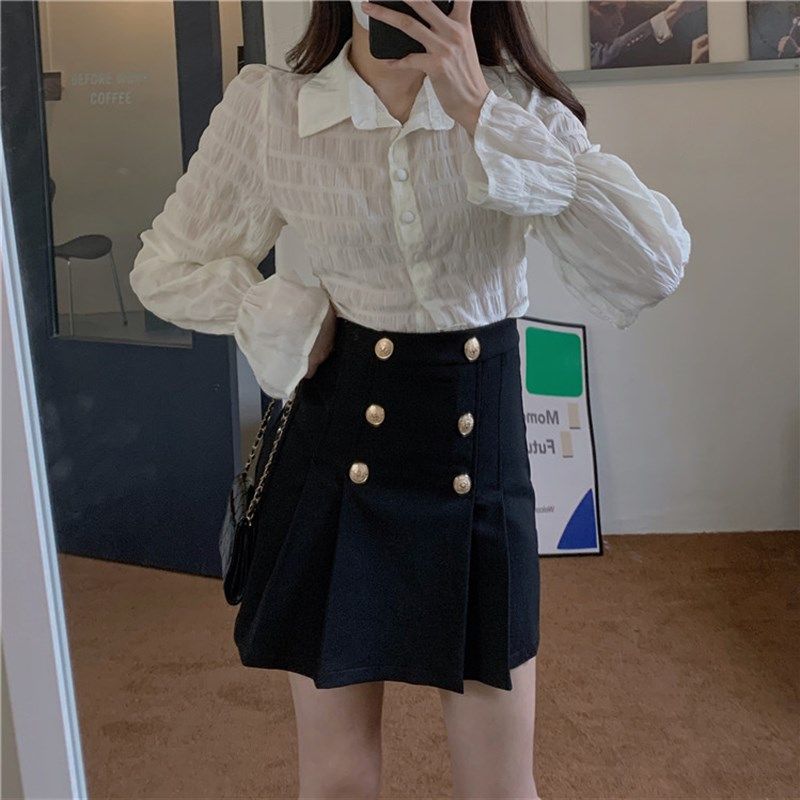 梨形身材黑色百褶裙女秋冬大码高腰排扣a字短裙遮胯西装半身裙子,女装/女士精品,半身裙,淘宝优惠券,粉丝福利购,淘宝优惠卷