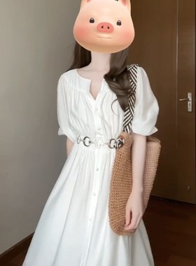 XZY/欣争艳 胖mm法式复古温柔风白色衬衫连衣裙女夏高腰显瘦长裙