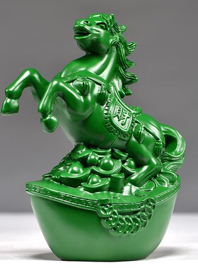 绿色木马摆件实木雕刻马到成功饰品工艺品木质马摆件家居桌面装饰
