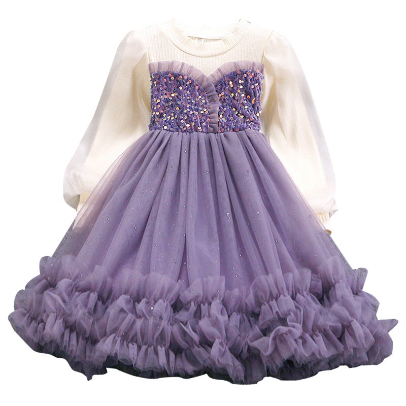 女童紫色连衣裙儿童生日蓬蓬裙子亮片洋气纱裙公主裙2024秋季新款