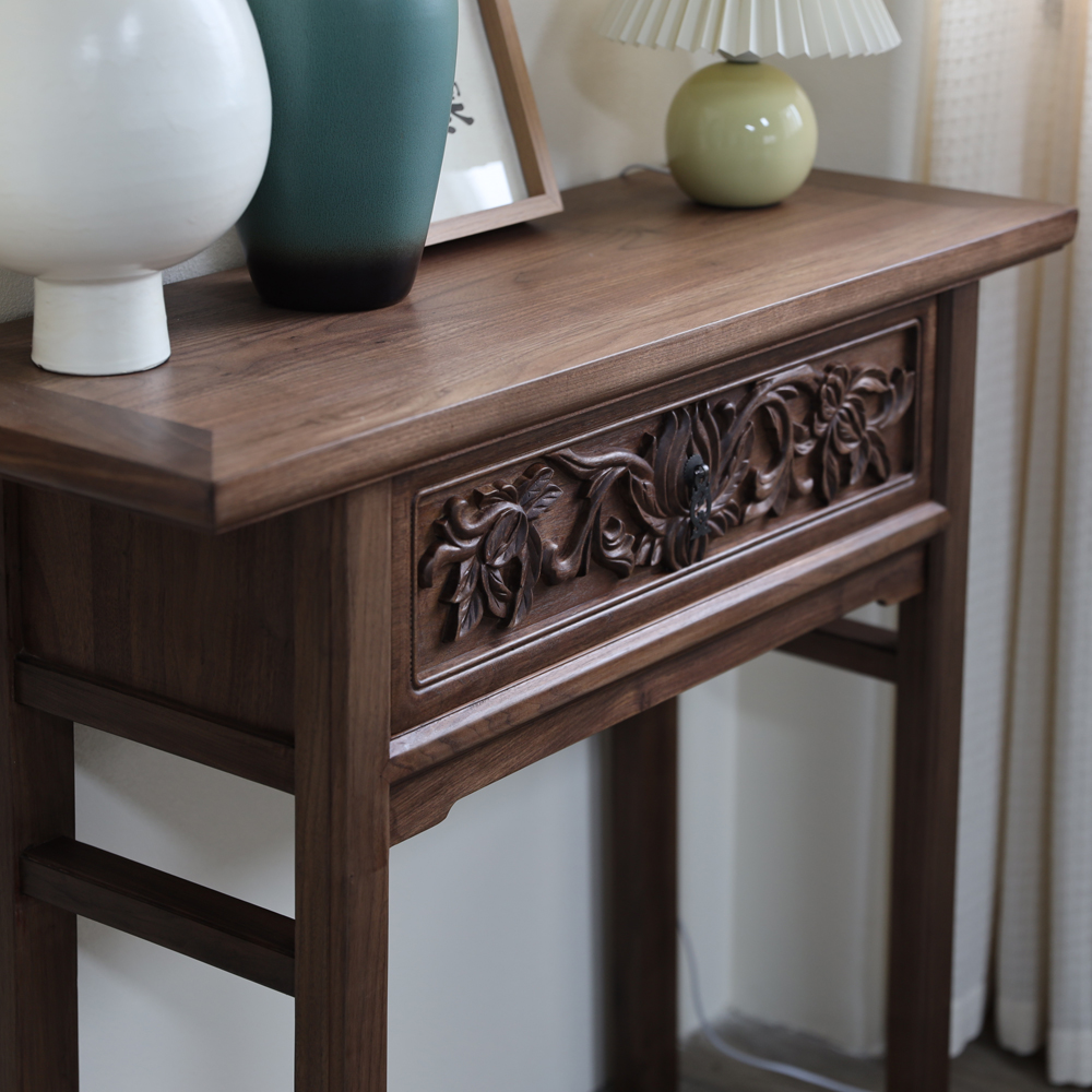 墨兰雕花实木平头案中式禅意玄关案黑胡桃长条桌供桌书房文人家俱