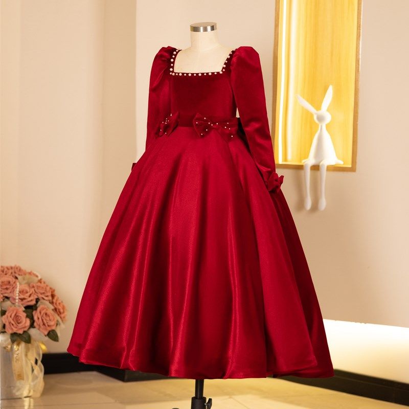 女童礼服轻奢小众高端花童婚礼小女孩公主裙红色儿童主持演出服冬