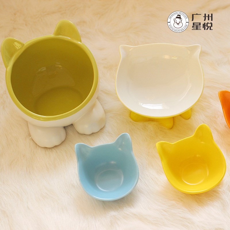 可爱小Q碗餐桌 宠物陶瓷碗 斜口高脚碗 猫碗狗碗食盆 猫脸食碗