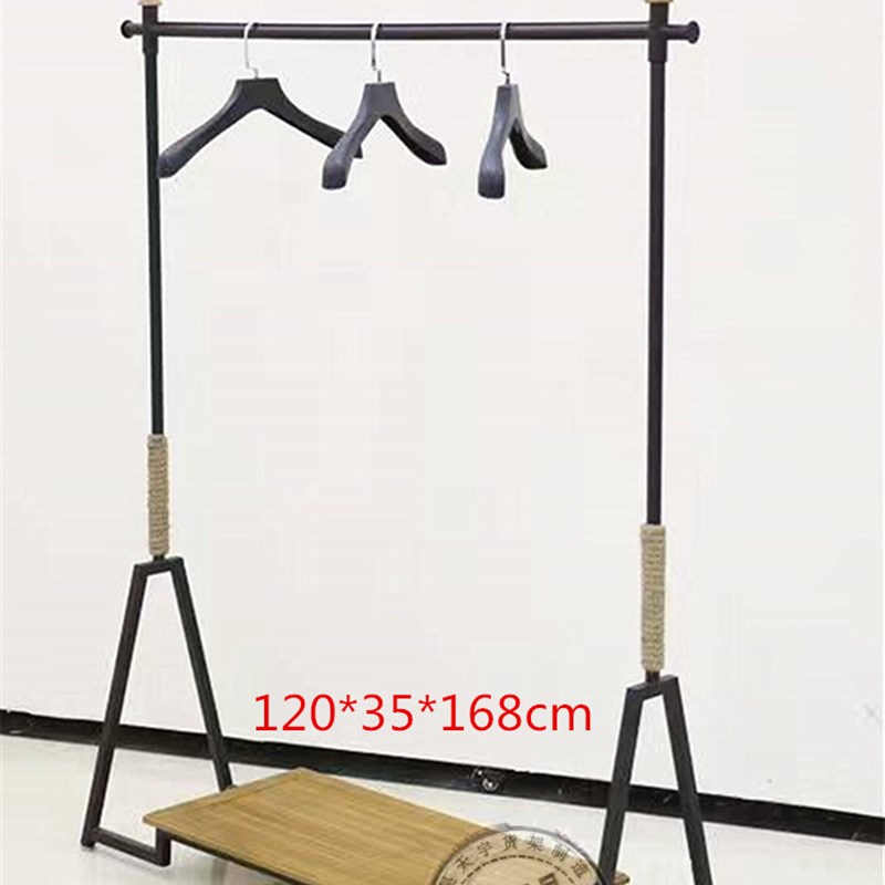 实木仿古落地单杠服装店复古铁艺展示架男女装衣架货架带板侧挂架