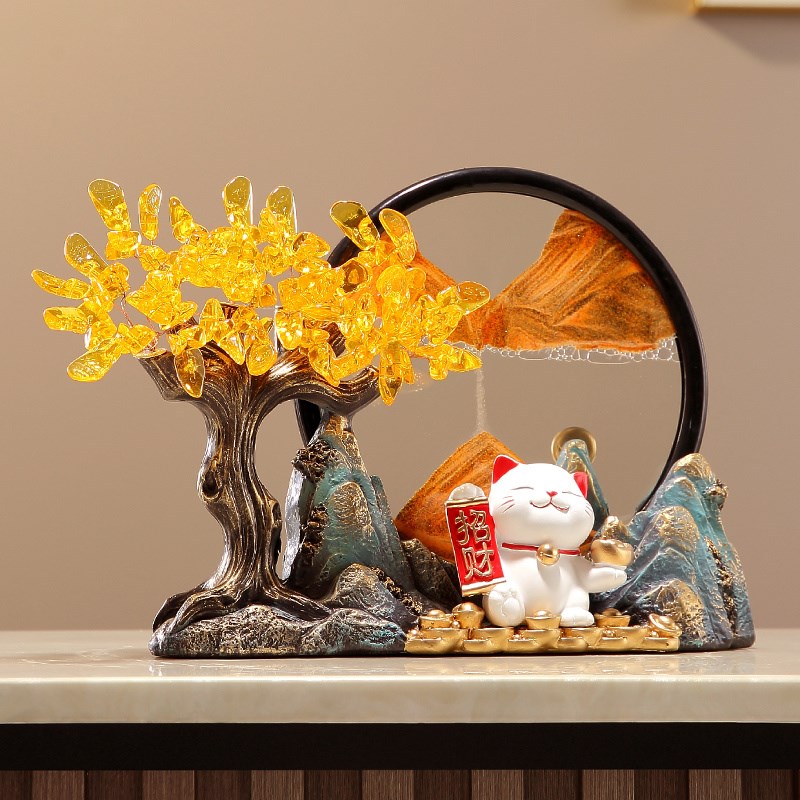 新中式发财树招财猫流沙画摆件办公室客厅玄关电视柜装饰开业礼物