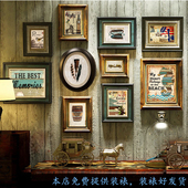 复古照片墙实木相框墙组合客厅免打孔装 饰画框挂墙美式 做旧背景墙