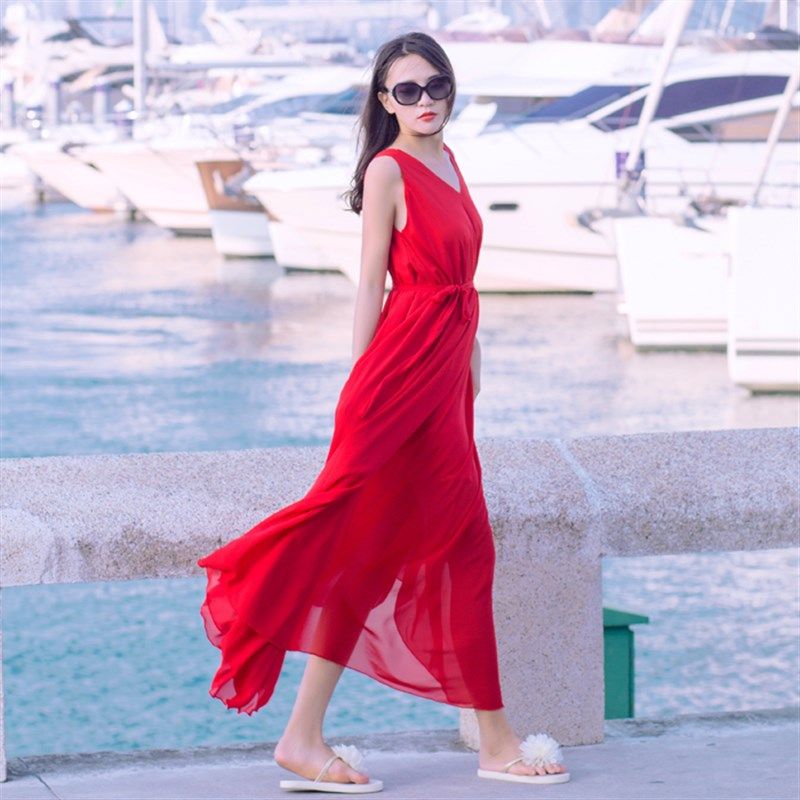 夏季雪纺沙滩背心长裙无袖宽松大码裙海边度假大摆及踝连衣裙
