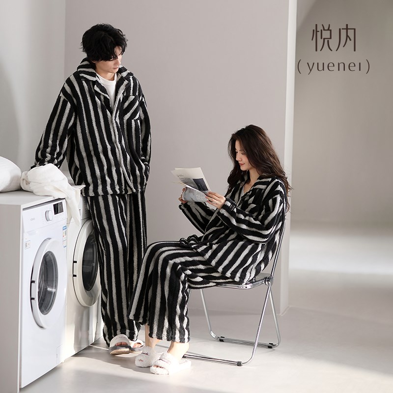 悦内情侣睡衣男秋冬季冬款法兰绒加绒加厚珊瑚绒毛绒家居服女套装