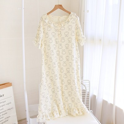 夏季薄款短袖纯棉睡裙女学生中长款全棉绉布纱睡袍套头款圆领睡衣