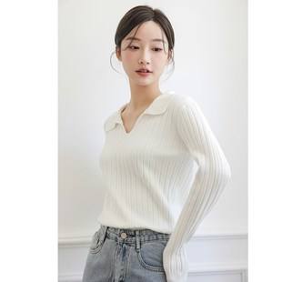 polo领毛衣女2023年秋季新品短款长袖内搭v领白色打底针织衫上衣