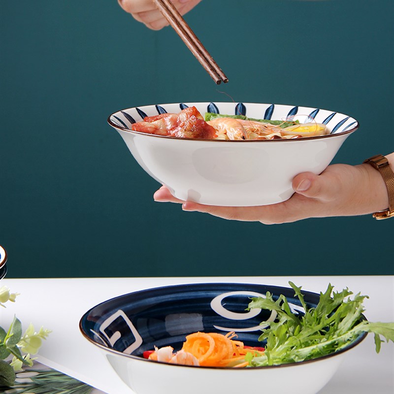 日式大号面条碗釉下彩拉面碗家用创意斗笠大碗沙拉碗陶瓷餐具汤碗