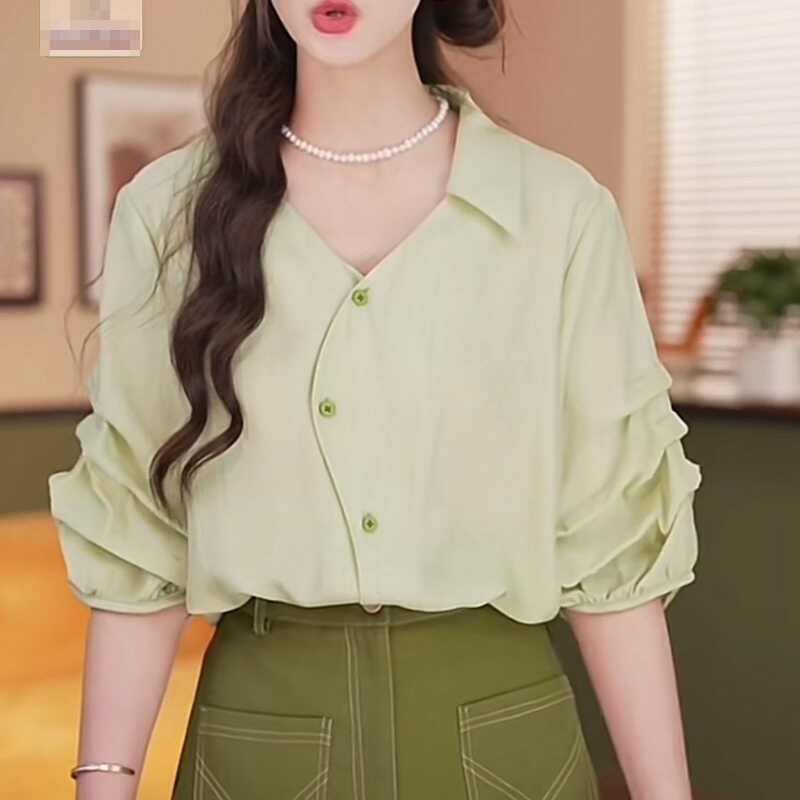 荔枝Lizhi复古港风绿色短袖衬衫女装夏季宽松显瘦高级感气质上衣