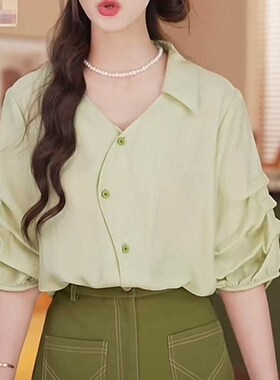 荔枝Lizhi复古港风绿色短袖衬衫女装夏季宽松显瘦高级感气质上衣