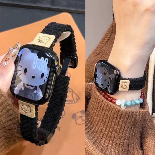 适用Applewatch10/11秋冬磁吸扣毛绒KT猫表带苹果手表9876543SE2