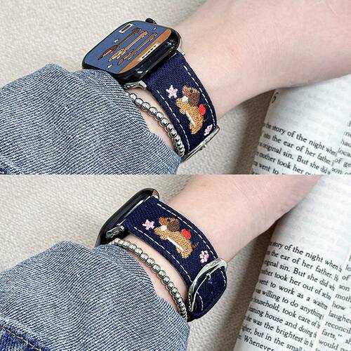 适用苹果手表s98可爱小狗SE6牛仔刺绣表带iwatch表带applewatch10