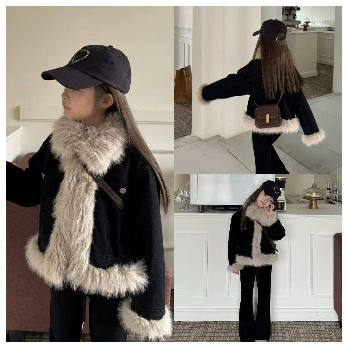 女童牛仔外套2024新款儿童韩版加绒加厚保暖秋冬装短款毛毛衣大童