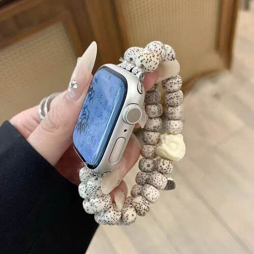 适用中国风华为苹果表带45mm通用iwatch新款手表弹力串珠菩提个性