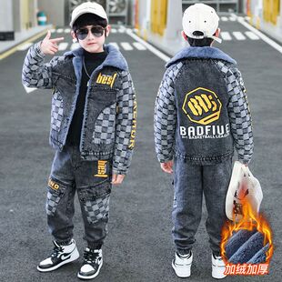 儿童冬装男童加绒套装2025新款中大童加厚洋气潮酷男孩帅气两套