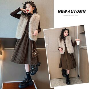 女童裙子秋冬款 2023新款高级感夹棉加厚马甲连衣裙两套冬季潮