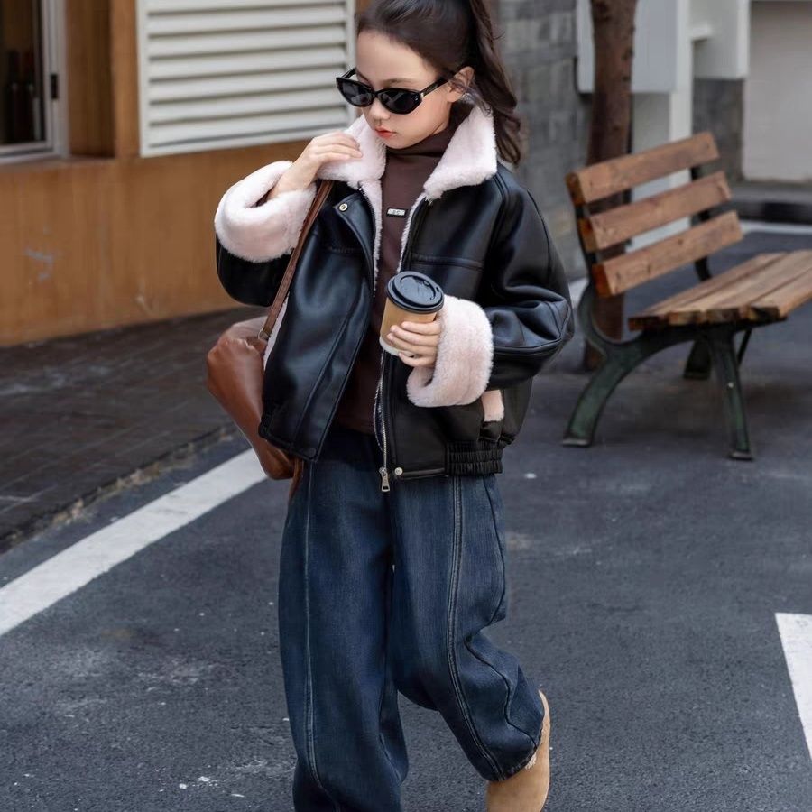 女童冬季加绒套装2025新款女宝宝加厚皮毛一体外套加绒裤子两套